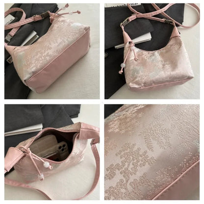 Embroidered Bucket Bag Women's Pearl Crossbody Handbag