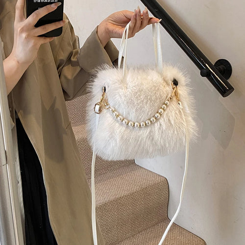 Faux Fur Shoulder Bag with Pearl Chain Handle