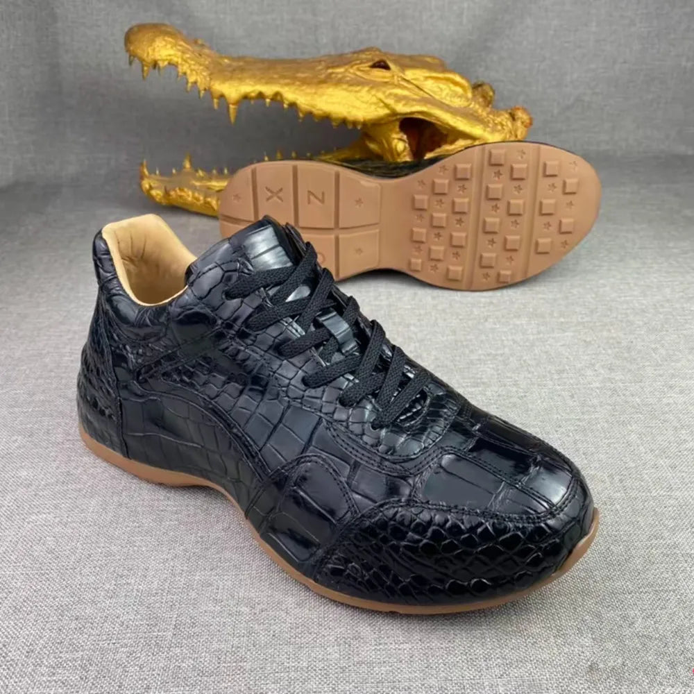 Crocodile Leather Men's Thick-Sole Sneakers – Genuine Lace-Up Casual Shoes