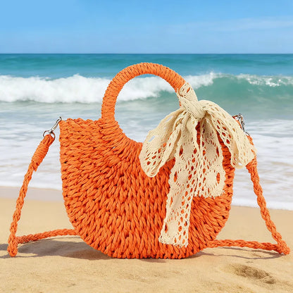 Moon Shape Straw Bag for Women – Woven Rattan Tote with Lace Bow