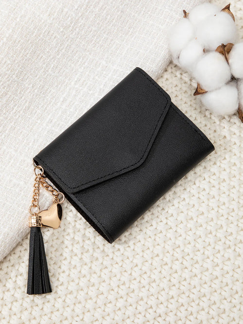 Women's Compact Clutch Wallet with Tassel & Gold Heart Charm