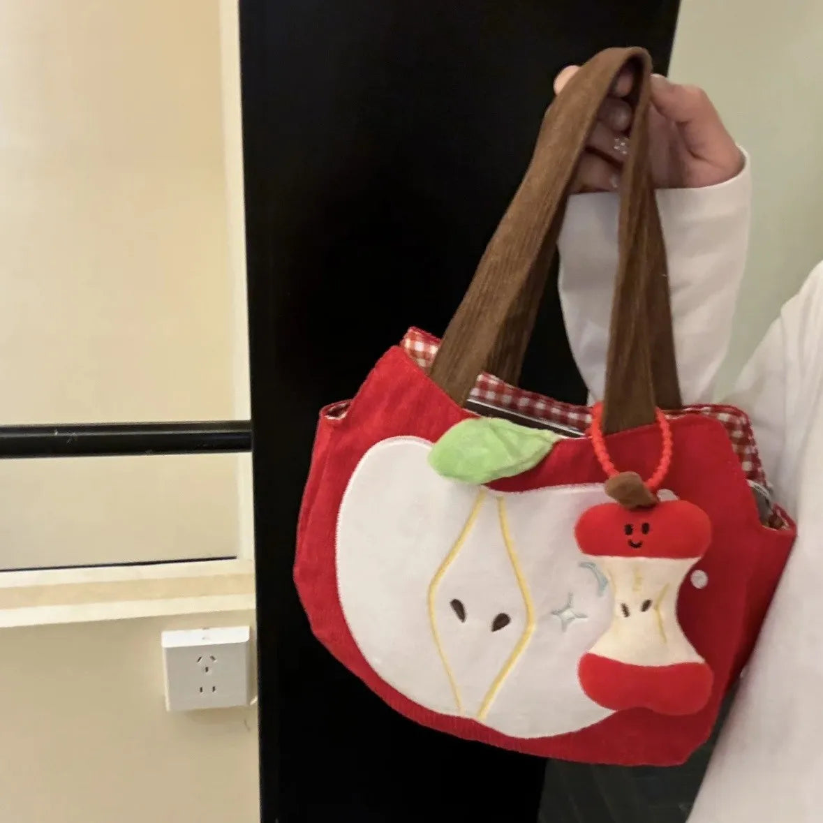 Corduroy Apple Handbag — Cute Casual Shoulder Bag with Pendant