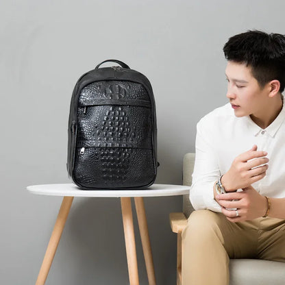 Crocodile Pattern Genuine Leather Backpack for Men – Luxury Large Laptop Bag