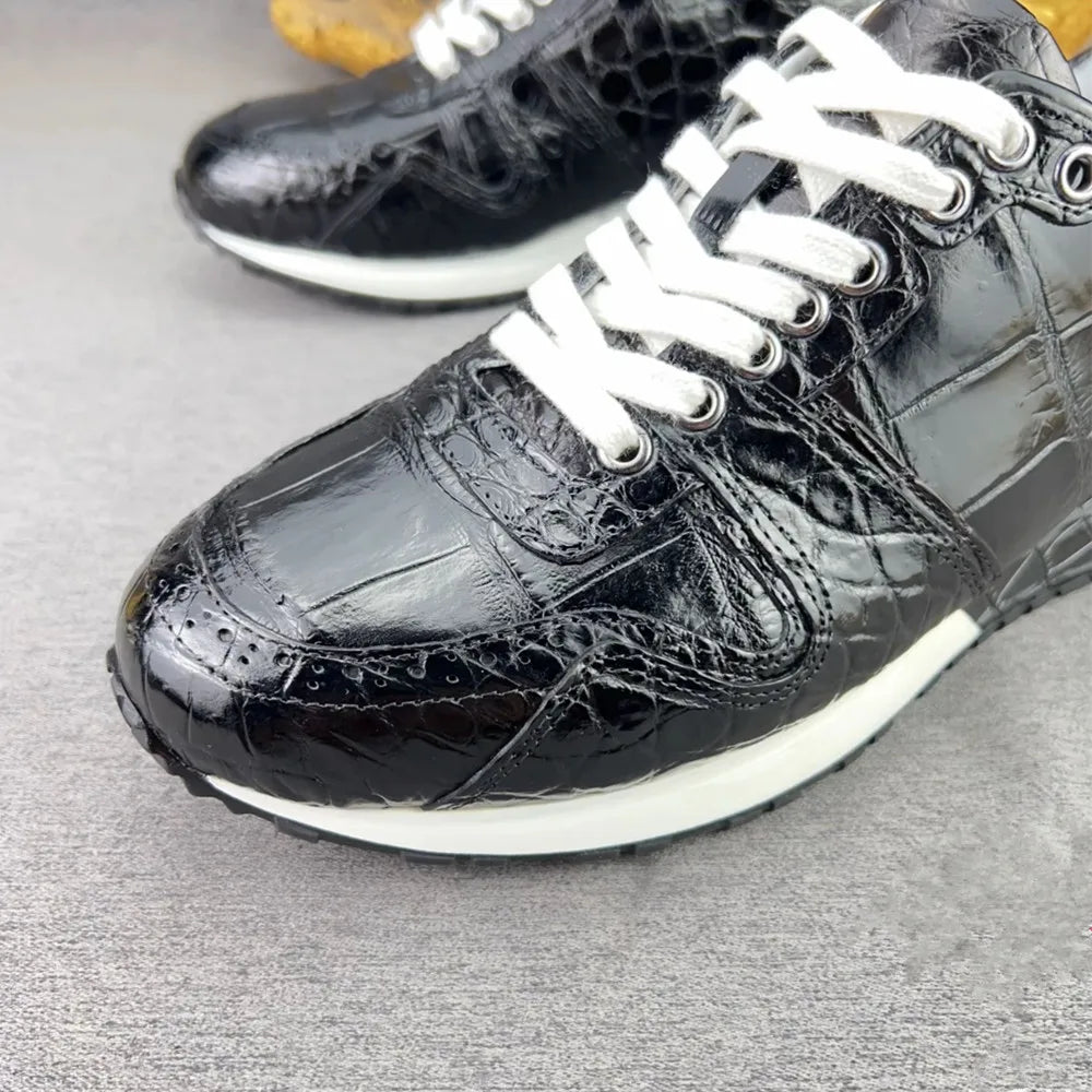 Crocodile Leather Men's Sneakers – Black Lace-Up Casual Shoes