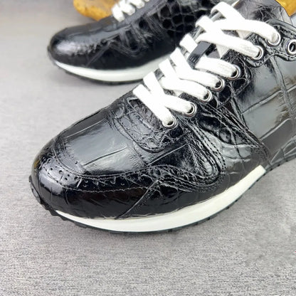 Crocodile Leather Men's Sneakers – Black Lace-Up Casual Shoes
