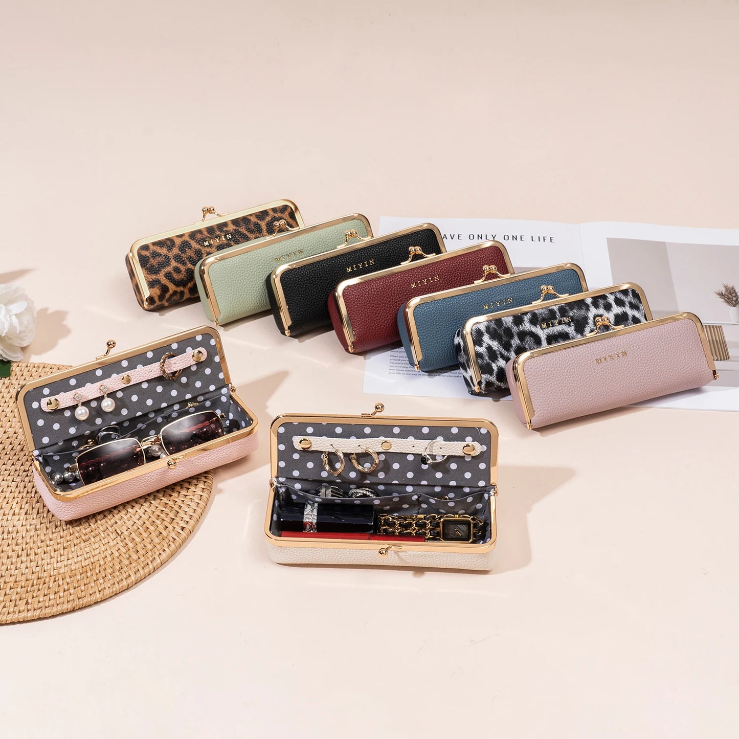 Women's Retro PU Leather Glasses Case Multi-Function Storage Box