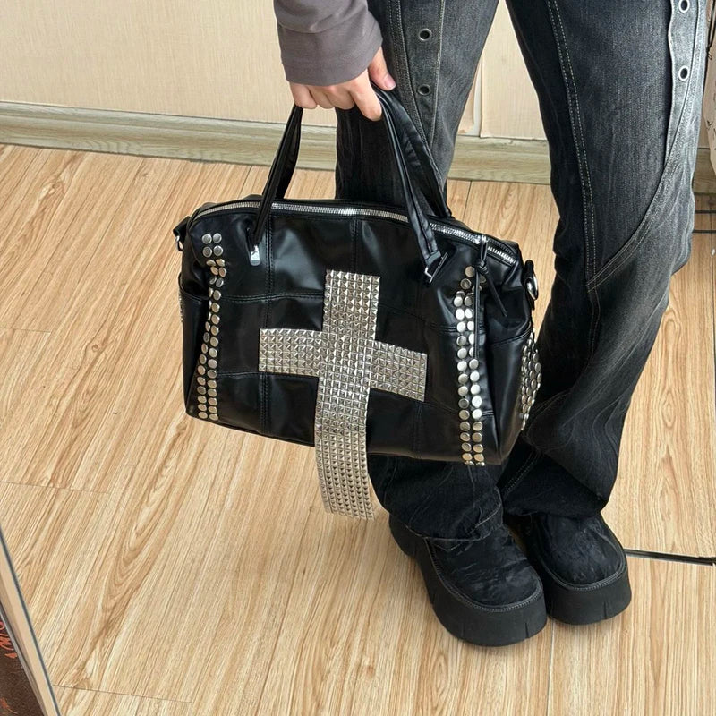 Punk Rivet Handbag Women Gothic Large Capacity Shoulder Bag Vintage Pu Leather Travel Tote Y2k
