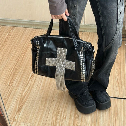 Punk Rivet Handbag Women Gothic Large Capacity Shoulder Bag Vintage Pu Leather Travel Tote Y2k