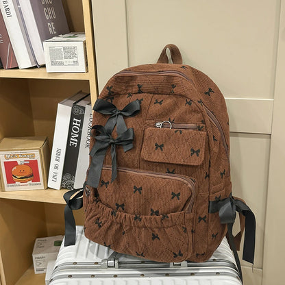 Corduroy Bow Backpack – Cute Large Capacity College School Bag
