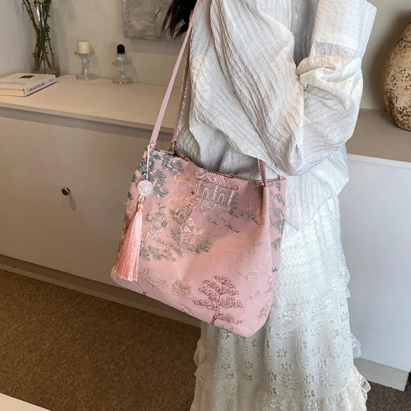 Chinese Retro Silk Jacquard Shoulder Bag for Women – Tassel Crossbody