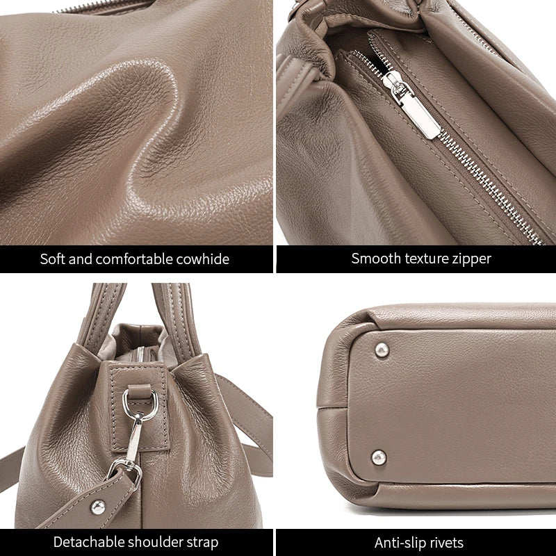 Genuine Cowhide Leather Bucket Tote Bag for Women – Large Capacity