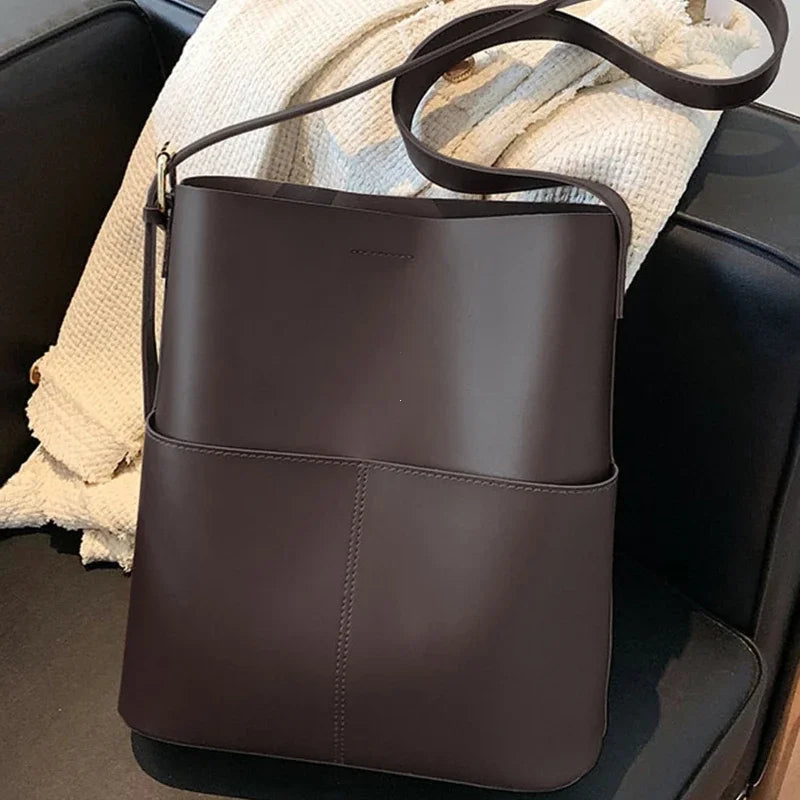 Leather Bucket Shoulder Bag – Women's Casual Tote Handbag
