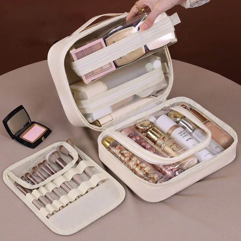 Large Capacity PU Leather Makeup Bag – Travel Cosmetic Case with Brush Holder