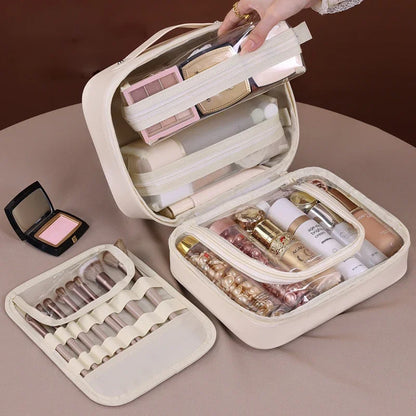 Large Capacity PU Leather Makeup Bag – Travel Cosmetic Case with Brush Holder