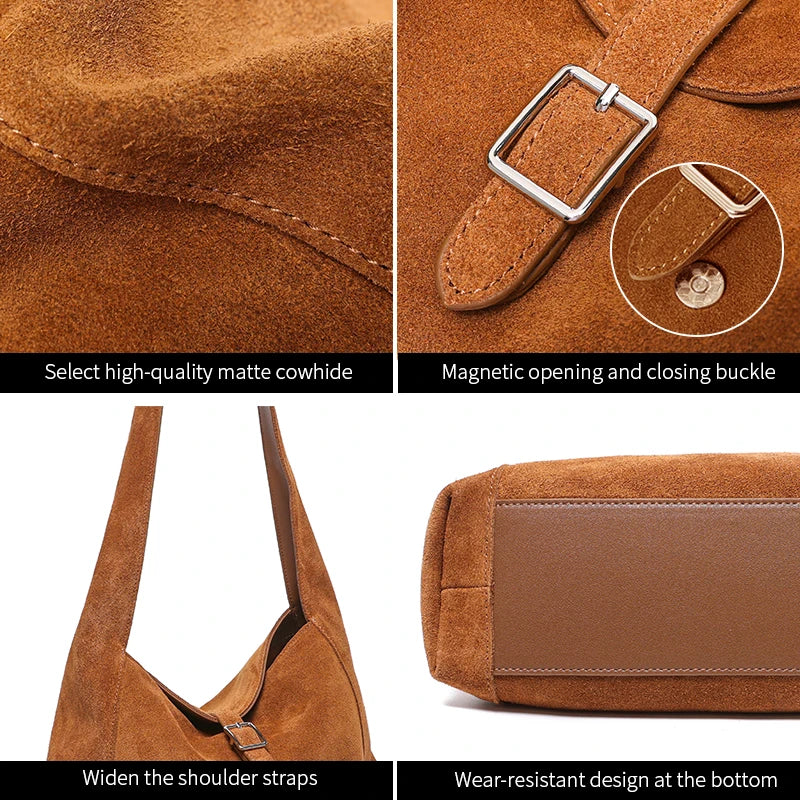 Suede Leather Crossbody Bag - Soft Cowhide Shoulder Bag for Women