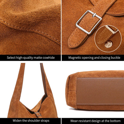 Suede Leather Crossbody Bag - Soft Cowhide Shoulder Bag for Women
