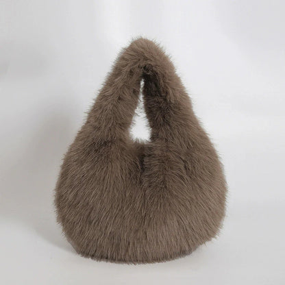 Faux Fur Top Handle Bag for Women – Fluffy Wrist Knot Mini Tote