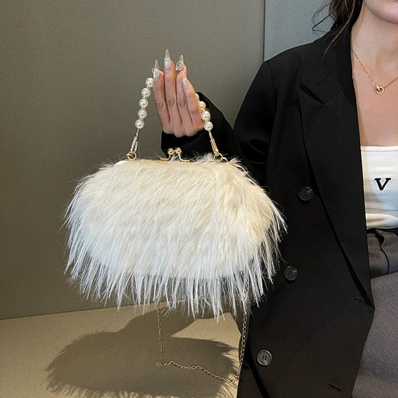 Plush Evening Bag – Fluffy Faux Fur Clutch with Pearl Handle