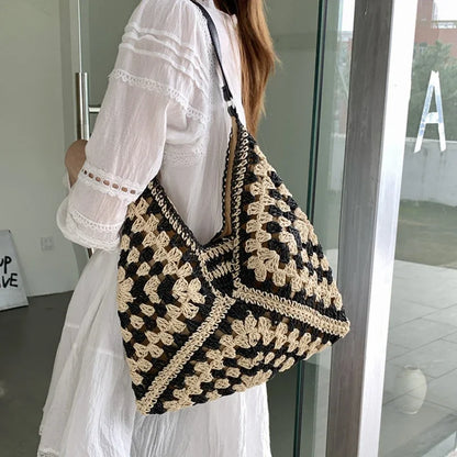 Color Block Straw Woven Shoulder Bag – Beach Tote