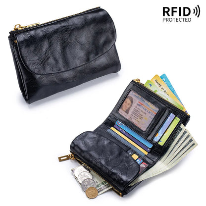 Genuine Leather RFID Wallet – Vintage Flap-Over Multi-Pocket Purse