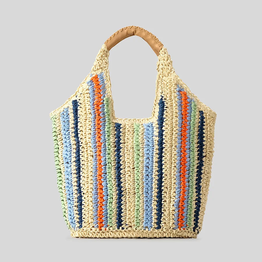 Casual Striped Straw Tote Bag Paper Woven Women Handbags Handmade Summer Beach Large Capacity Bali