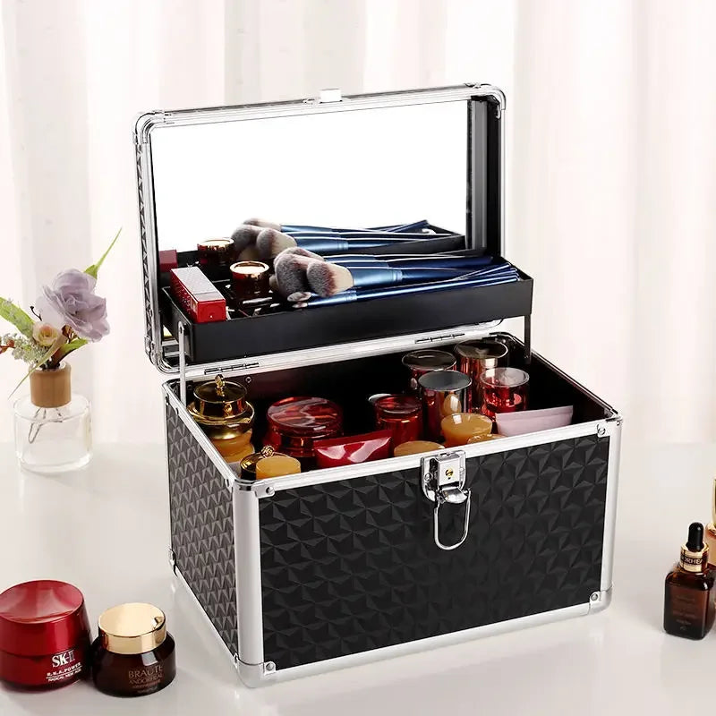 Professional Makeup Case with Mirror – Aluminum Alloy Cosmetic Organizer