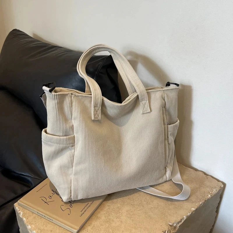 Corduroy Tote Bag for Women – Multi-Pocket Crossbody Shoulder Bag