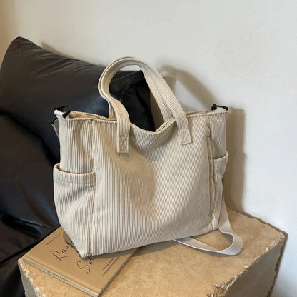 Corduroy Tote Bag for Women – Multi-Pocket Crossbody Shoulder Bag