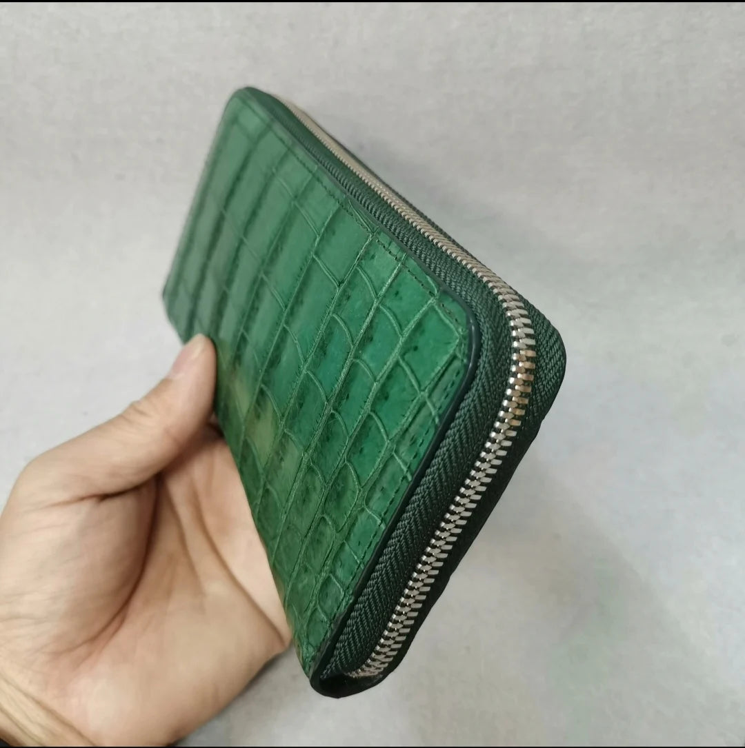 Genuine Crocodile Leather Long Zip Wallet in Green