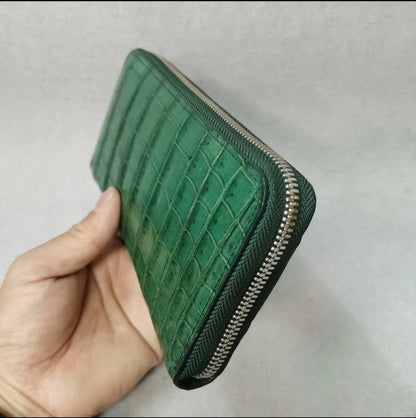 Genuine Crocodile Leather Long Zip Wallet in Green