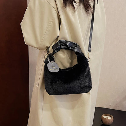 Faux Fur Plush Half-Moon Bag – Ruched Handle Shoulder & Crossbody