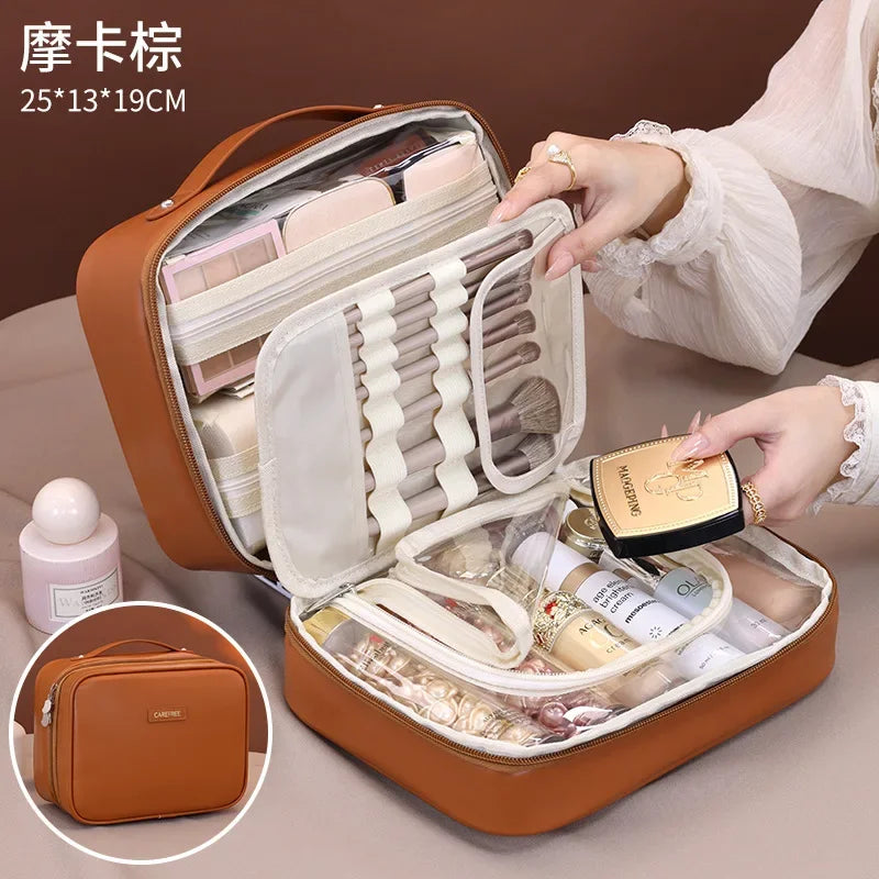 Large Capacity PU Leather Makeup Bag – Travel Cosmetic Case with Brush Holder