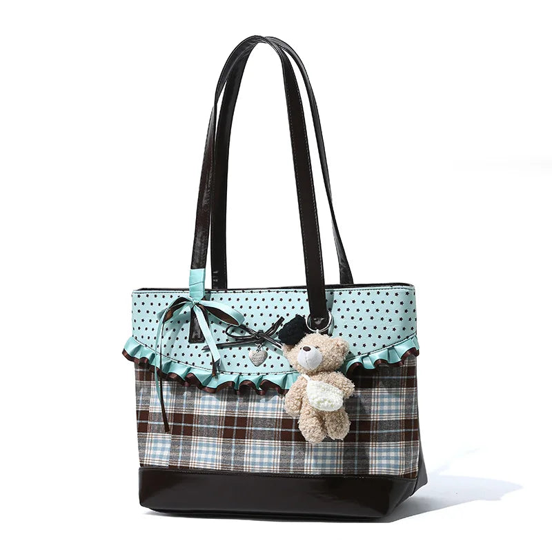 Mint Green Patchwork Bow Handbag – Plaid Canvas Tote Bag