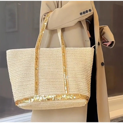 Sequin Woven Tote Bag – Large Straw Shopper for Women