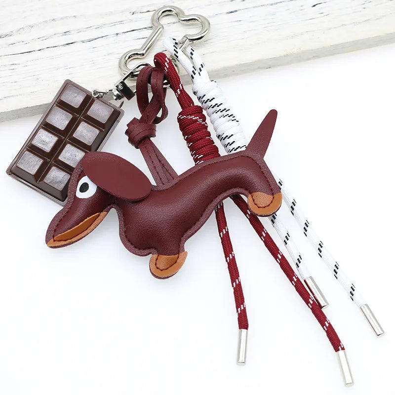 Dachshund Leather Bag Charm Keychain with Braided Rope & Chocolate Pendant