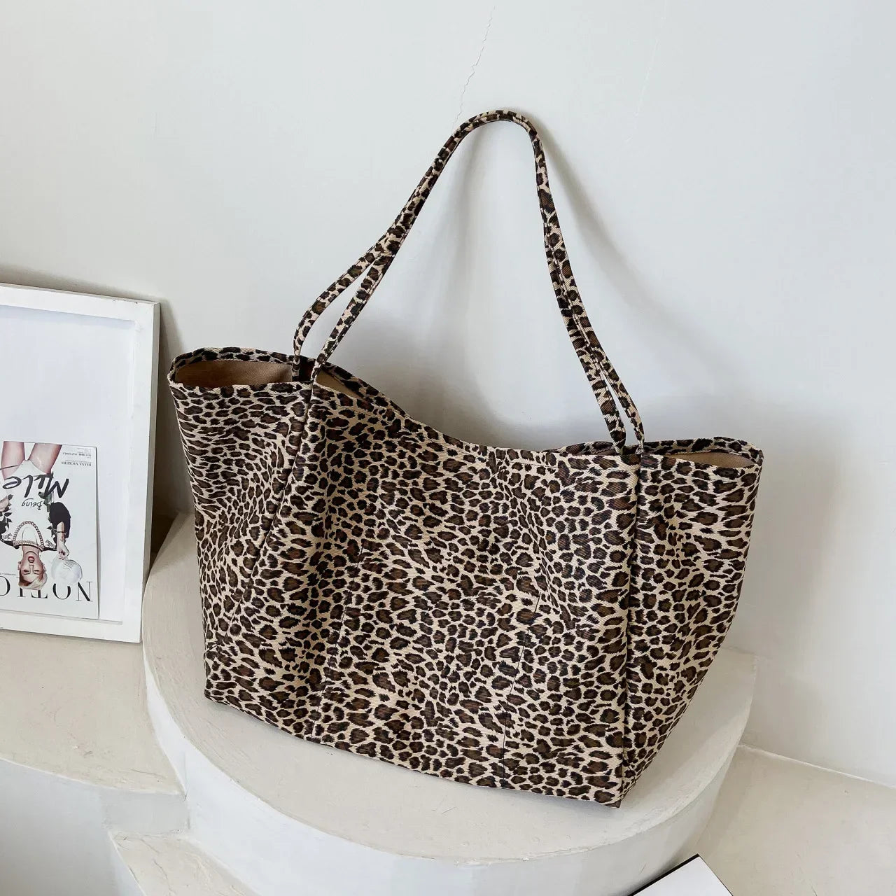 Leopard Print Canvas Tote Bag – Large Shoulder Handbag for Women