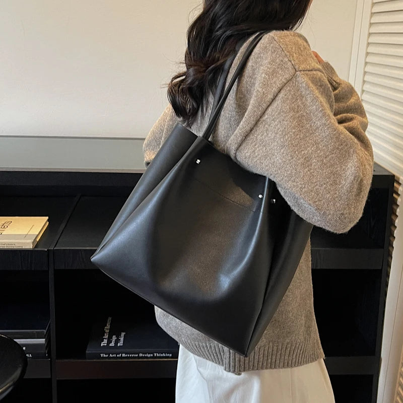 Moods Soft Pu Leather Pure Color Tote Bags Women Casual Street Large Capacity Shopper Shoulder