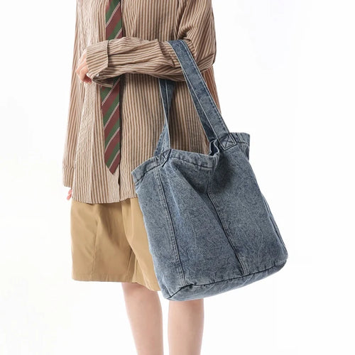 Washed Denim Tote Bag for Women – Large Vintage Shoulder Shopper Bag