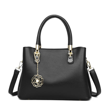 Women's Leather Tote Bag with Gold Hardware & Flower Pendant