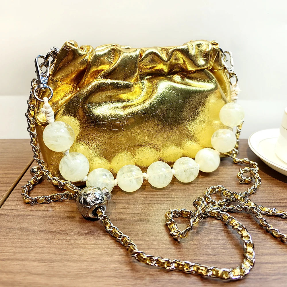 Crossbody Bag Oil Waxed Cowhide Leather with Pearl Handle & Chain Strap