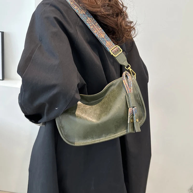 Vintage Leather Crossbody Bag – Pillow Style with Boho Printed Strap