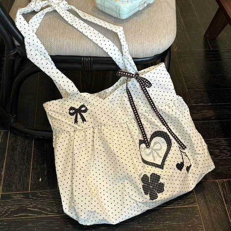 Korean Polka Dot Tote Bag – Cute Bow Shoulder Bag for Women