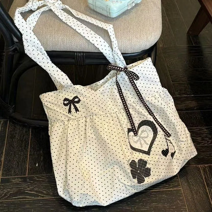 Korean Polka Dot Tote Bag – Cute Bow Shoulder Bag for Women