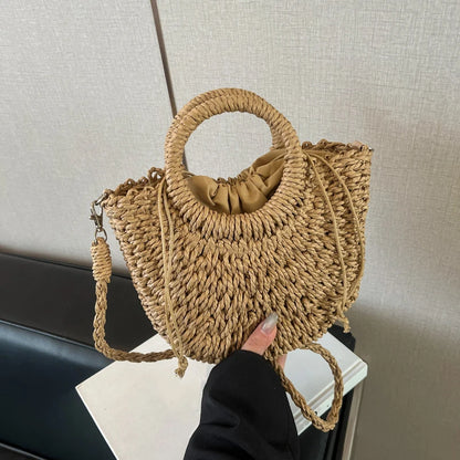 Woven Straw Handbag - Women's Half Moon Rattan Shoulder Bag