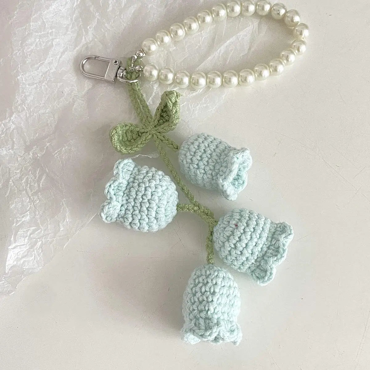 Crochet Flower Keychain with Pearl Chain Bag Charm Handmade