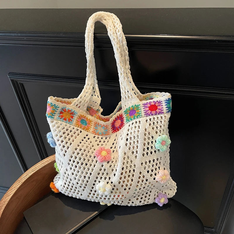 Crochet Flower Beach Tote Bag Women's Boho Shoulder Bag
