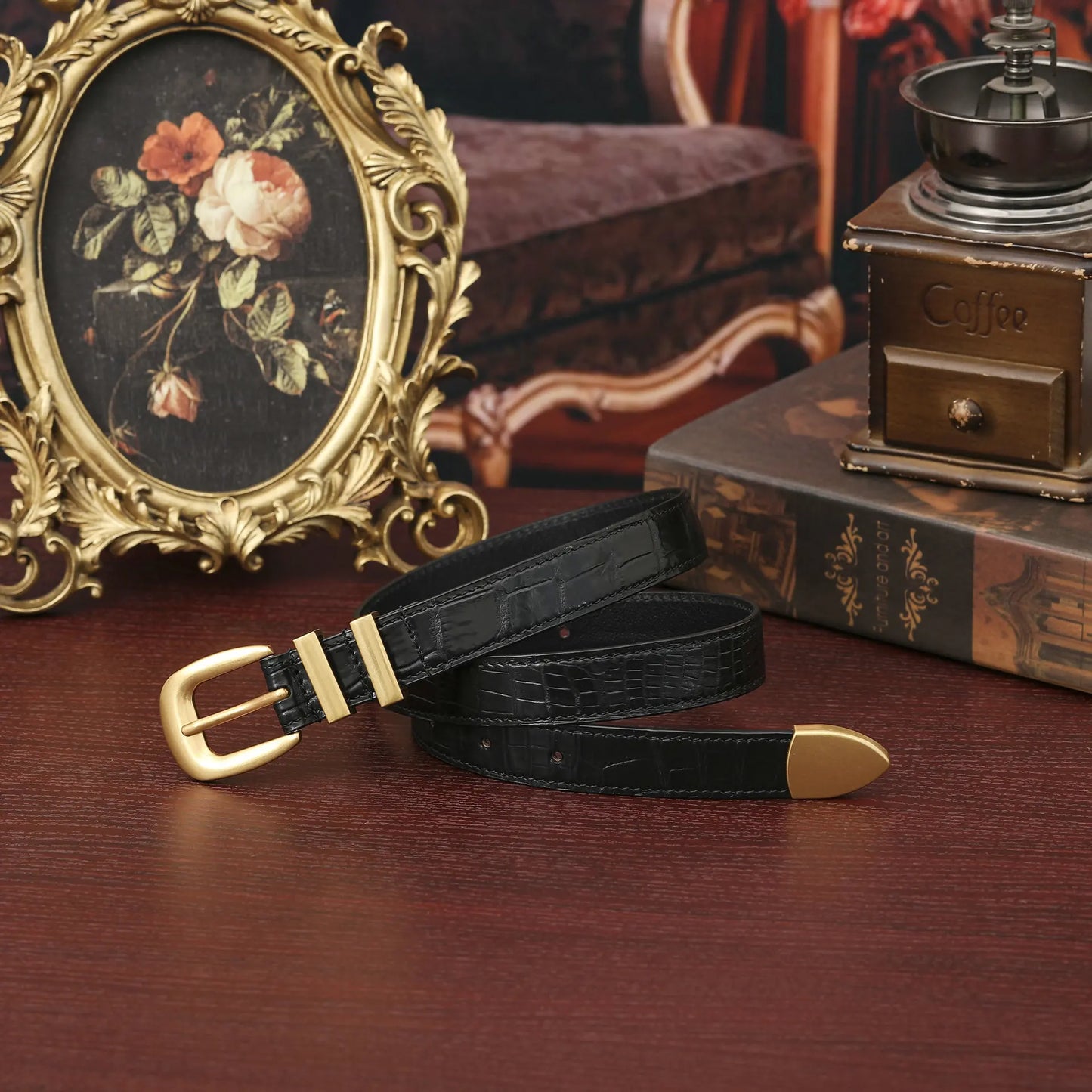 Women's Crocodile Leather Belt with Gold Pin Buckle