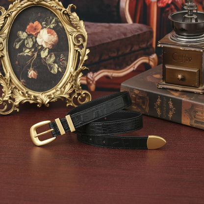 Women's Crocodile Leather Belt with Gold Pin Buckle