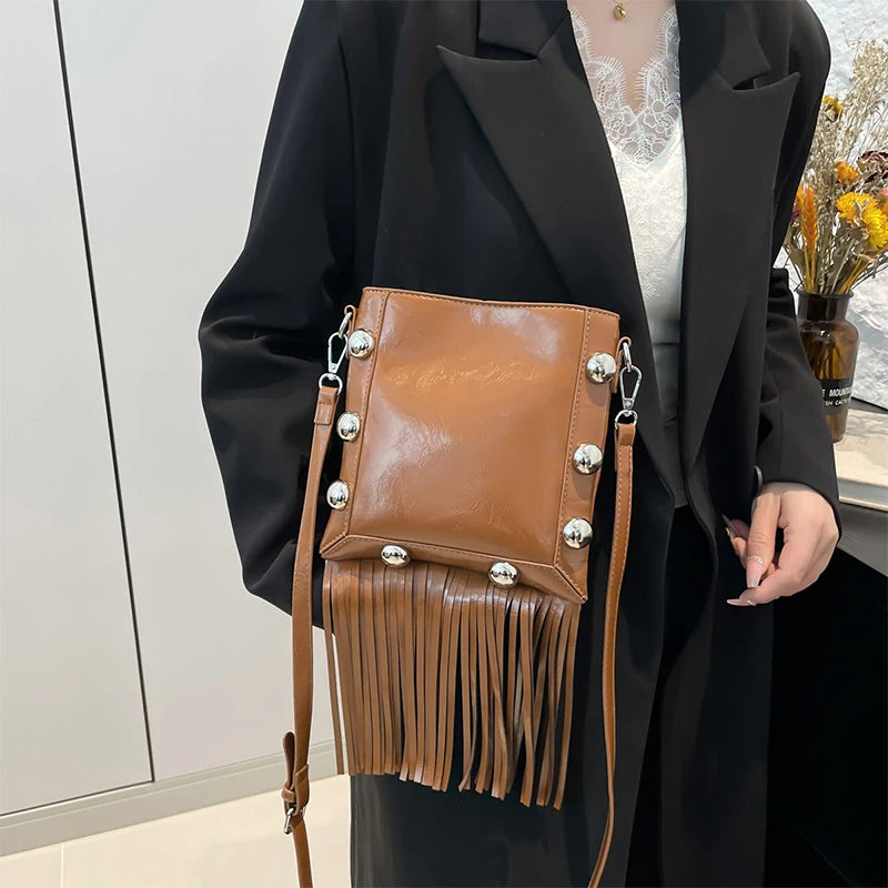 Tassel Rivet Shoulder Bag for Women – Compact Phone Purse