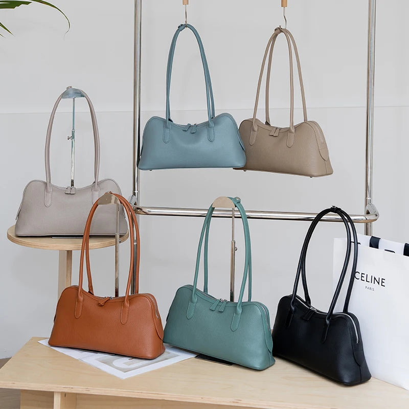 Genuine Leather Baguette Shoulder Bag – Women's Pebbled Hobo Tote